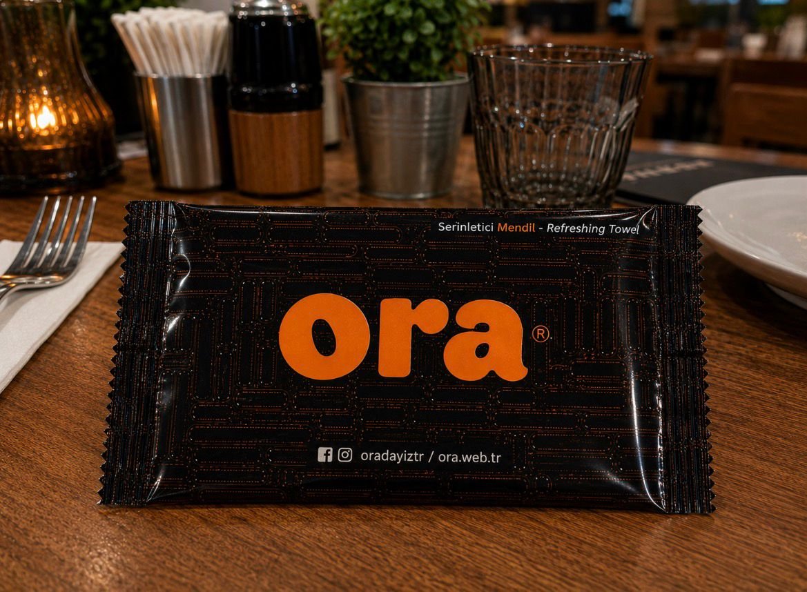 Restoran sunumunda markaya özel baskılı ıslak mendil